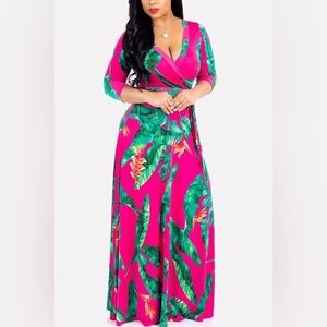 Hot Pink 3/4 Sleeve Maxi Dress